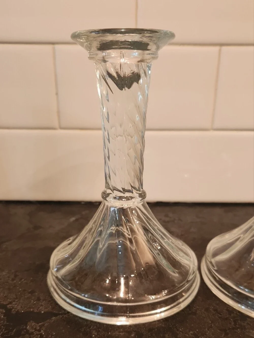 Vintage Indiana Glass Caledonia Candlestick Holders, Clear Swirl Taper Pair